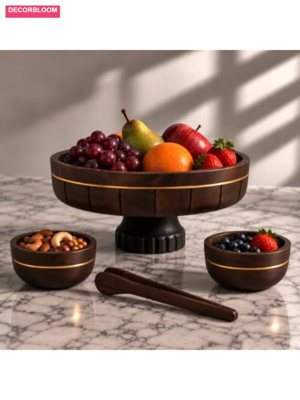 Acacia Wooden Fruit Bowl Set 4-Piece Pedestal Serving Bowls Wooden Tongs